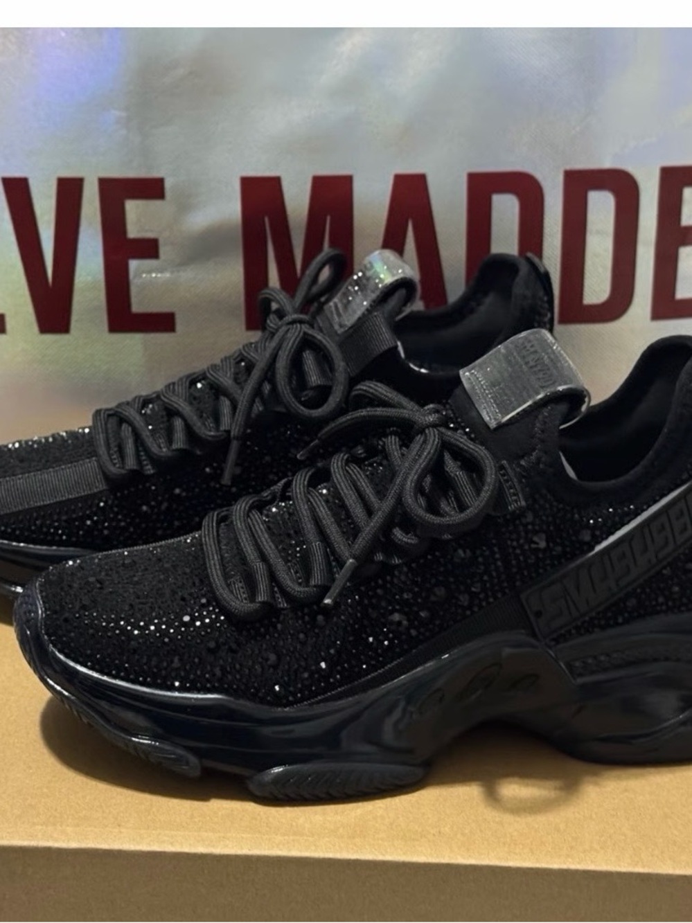 Steve Madden Maxima-R Black Rhinestones Women's Sneaker $50 BNIB